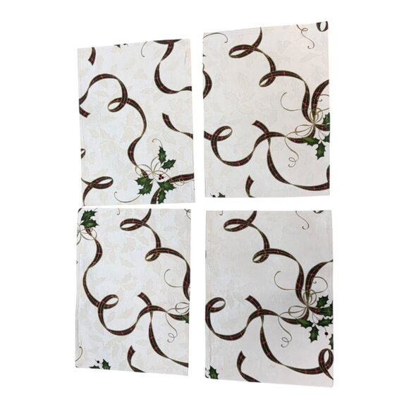 Lenox Embroidered Table Napkins Placemats Set 4 Linen Ribbons Holly Christmas - Picture 2 of 6